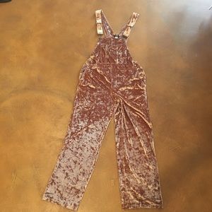 Blush crushed velvet overalls